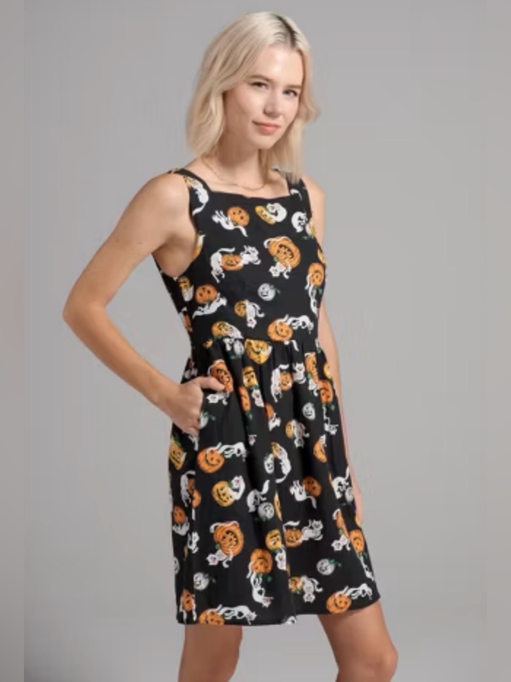 Modcloth Truth Or Square Linen Sleeveless Halloween Dress Boo Cats Black 16 NWT - Picture 3 of 13